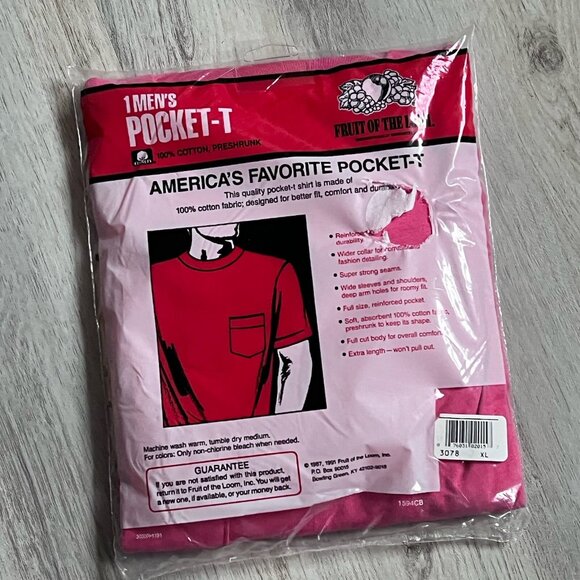 Fruit of the Loom Vintage XLarge 1991 Men Pocket T-Shirt Pink Sealed Made in USA - Picture 2 of 3
